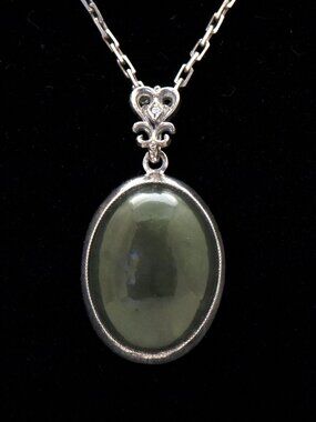 Vintage Natural Green Siberian Jade Pendant with CZ, 925 Sterling Silver, 21.5"